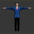 Man Wearing Blue Suit and Red Tie Standing With Arms Outstretched Against Gray Background