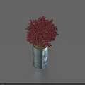 Bonsai Potted Plant with Vibrant Red Leaves in Blue Cylindrical Pot Against Light Blue Background