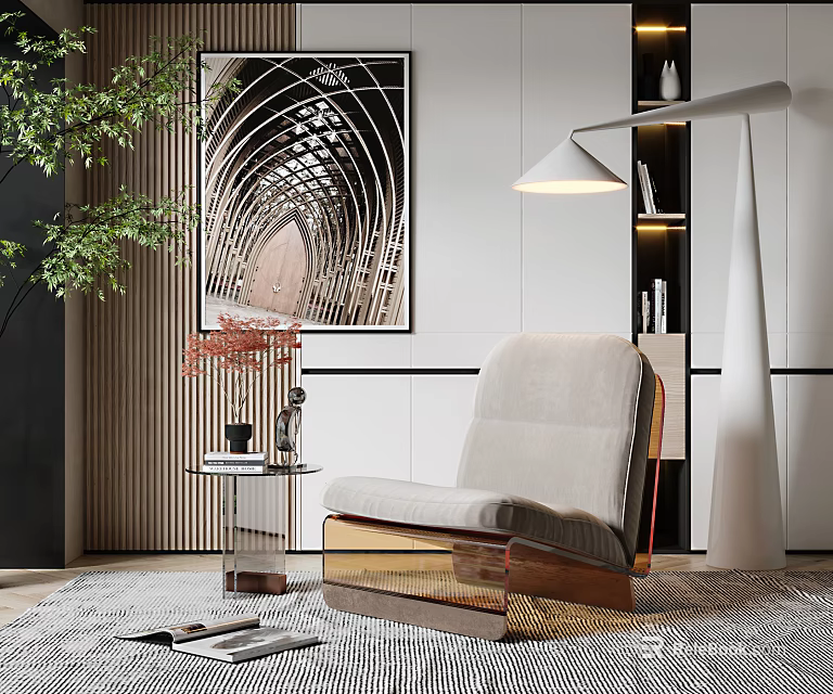 Elegant Modern Living Room Accent Chair With Green Plant Floor Lamp And Decorative Painting 3d model 