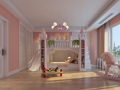 Pink Kids Room Interior With Castle Bed Slide Chandelier And Rocking Horse 3d model