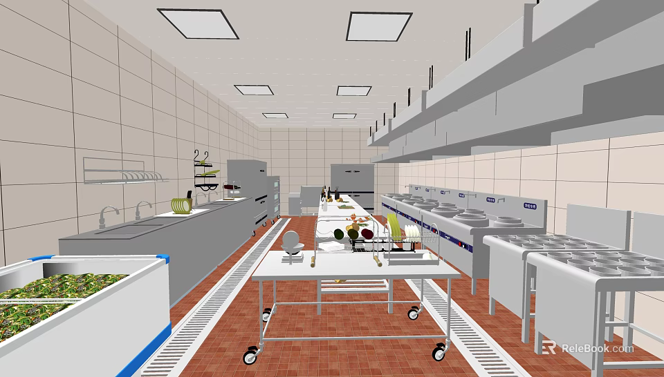 Commercial Restaurant Kitchen With Stainless Steel Equipment Work Tables And Tile Walls 3d model 