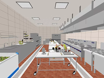 Commercial Restaurant Kitchen With Stainless Steel Equipment Work Tables And Tile Walls 3d model