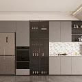 Modern Kitchen Sideboard With Marble Backsplash Wine Storage Gray Cabinets And Dishes On Shelves