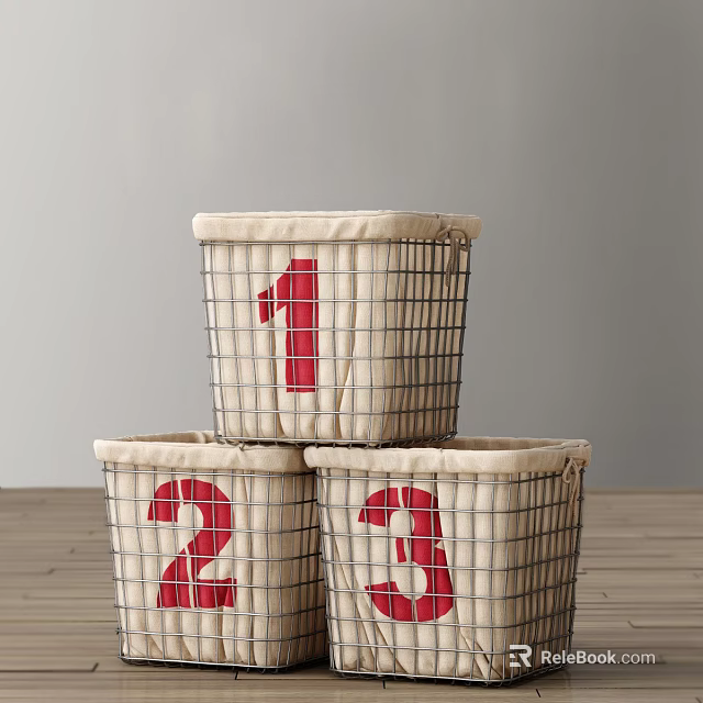 Metal Wire Storage Baskets Numbered 1 2 3 with Fabric Liner Stackable for Home Organization 3d model