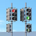 Two Traffic Lights On Poles Showing Red And Green Signals Against Blue Background