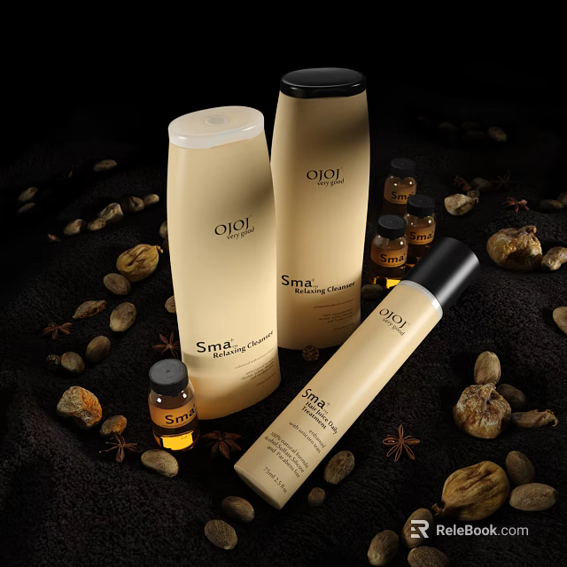 Luxury Perfume Cosmetics Display With Elegant Bottles Natural Spices And Nuts 3d model 