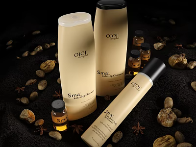 Luxury Perfume Cosmetics Display With Elegant Bottles Natural Spices And Nuts 3d model