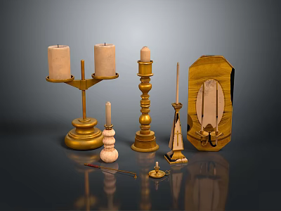 Ornate Classic Golden Candelabras Wooden Decor And Candles For Home Decoration 3d model
