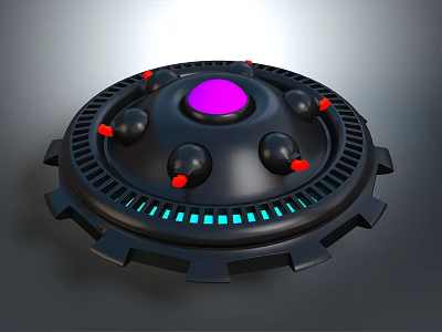 Futuristic Black Circular Device With Purple Center Black Spheres Red Dots And Blue Lights 3d model