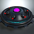 Futuristic Black Circular Device With Purple Center Black Spheres Red Dots And Blue Lights