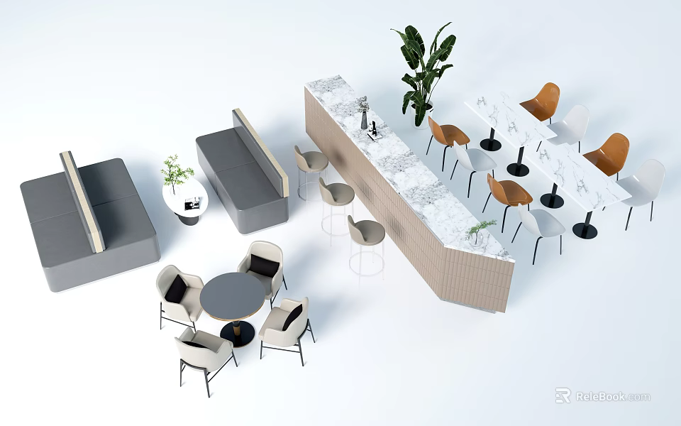 Modern Office Desk With Wooden Surface Ergonomic Chairs And Potted Plants 3d model 