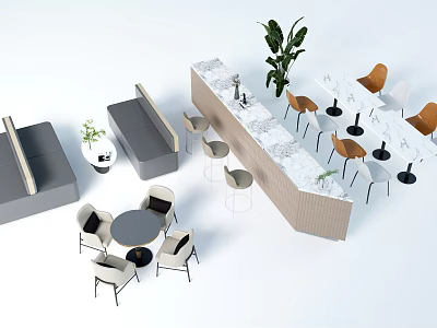 Modern Office Desk With Wooden Surface Ergonomic Chairs And Potted Plants 3d model