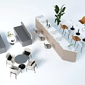 Modern Office Desk With Wooden Surface Ergonomic Chairs And Potted Plants