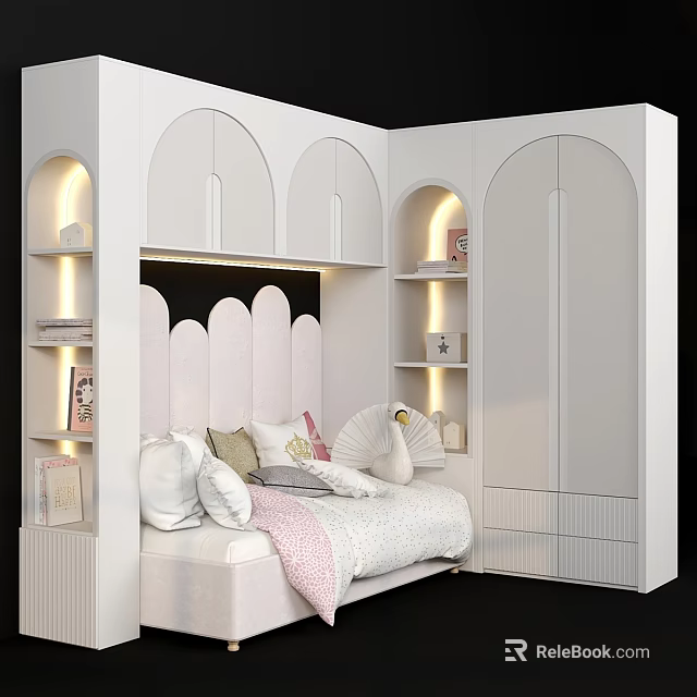 Modern White Kids Bed With Scalloped Headboard Built In Shelves Wardrobe And Lighting 3d model 