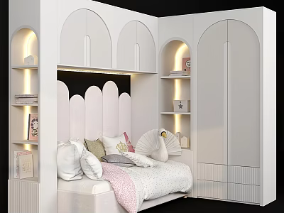 Modern White Kids Bed With Scalloped Headboard Built In Shelves Wardrobe And Lighting 3d model