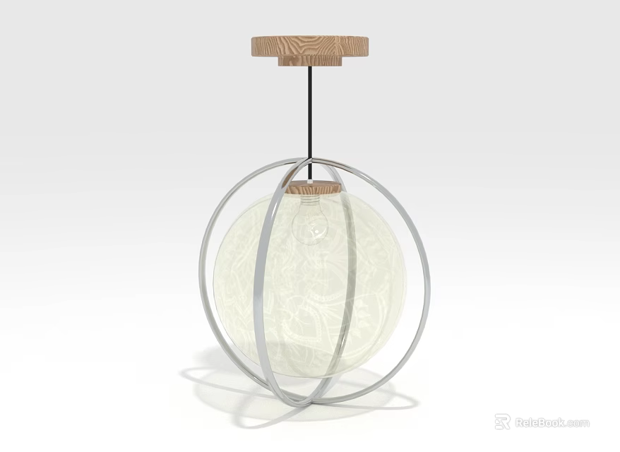 Modern Wooden Pendant Light With Metal Circular Frame And Glass Spherical Shade 3d model 