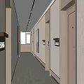Modern Office Corridor with Light Colored Walls Wooden Doors and Linear Ceiling Lights