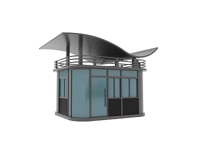Modern Security Booth With Glass Door Canopy And Railing Design 3d model
