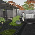 Serene Dry Landscape Garden Design With Zen Stones Raked Gravel Traditional Pavilion And Lush Greenery