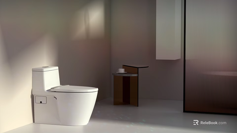 Modern White Toilet Design With Wooden Side Table In Minimalist Bathroom Interior 3d model 