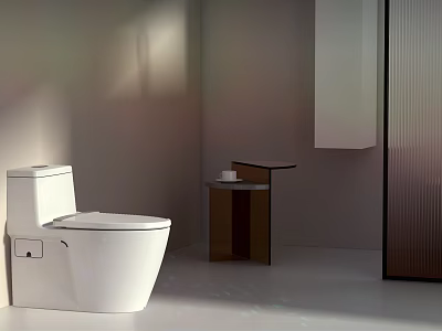 Modern White Toilet Design With Wooden Side Table In Minimalist Bathroom Interior 3d model