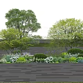 Lush Outdoor Plant Combination With Trees Shrubs White Flowers And People