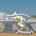 Vibrant Children's Play Area Design With Spiral Slide And Shade Umbrellas White Building Platform