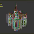 Gothic Style Cathedral Building With Red Spire And Stained Glass Windows