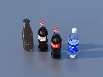 Four Assorted Beverage Bottles Including Coca Cola Mineral Water Coffee And Fruit Juice 3d model