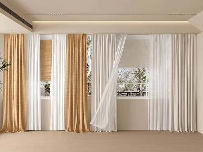 Elegant Modern Window Curtain Interior Design With Beige White Fabric And Blinds Greenery 3d model