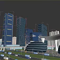 Modern Tall Office Buildings Featuring Glass Curtain Walls and Streamlined Design with Greenery and Roads