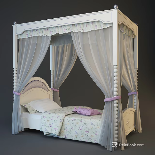 White Four Poster Double Bed With Light Gray Canopy Curtains Purple Ribbon And Floral Bedding 3d model 