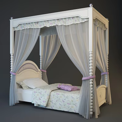 White Four Poster Double Bed With Light Gray Canopy Curtains Purple Ribbon And Floral Bedding 3d model