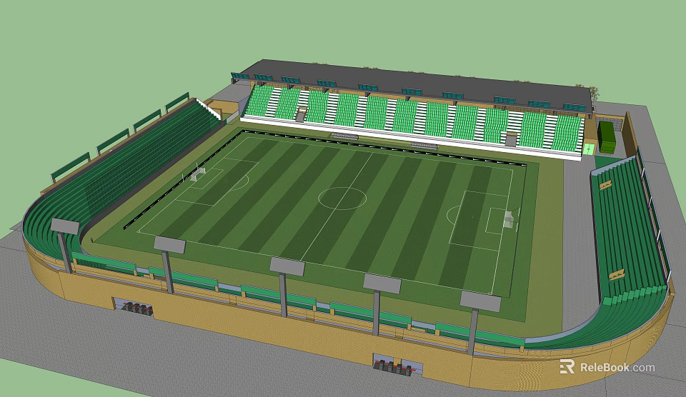 Modern Football Stadium 3D Model With Green Pitch And Seating Stands 3d model 