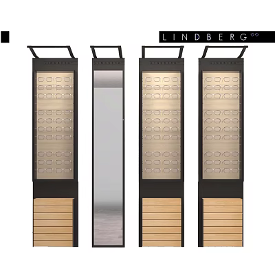 Modern Display Shelves with Black Frames Eyewear Compartments Wooden Drawers and Mirror Panels 3d model