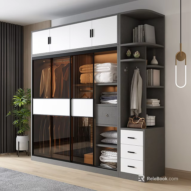 Modern Sliding Door Wardrobe with Glass Panels Clothes Storage Drawers and Shelves 3d model 