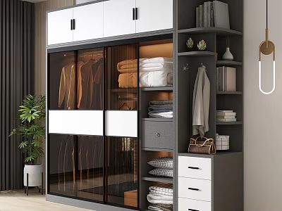 Modern Sliding Door Wardrobe with Glass Panels Clothes Storage Drawers and Shelves 3d model