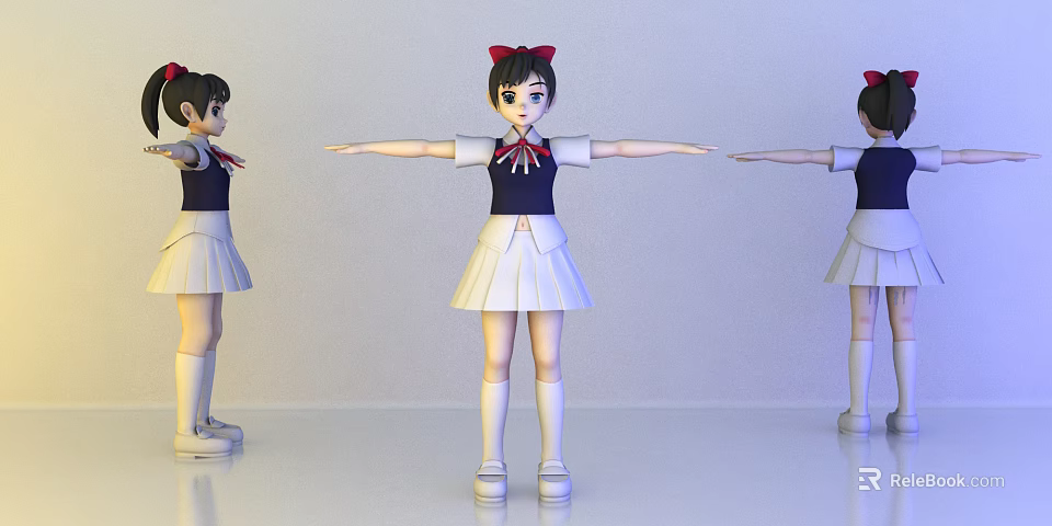 Anime Game Character Wearing Blue White Uniform Red Bow And White Pleated Skirt Arms Outstretched 3d model 