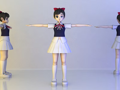 Anime Game Character Wearing Blue White Uniform Red Bow And White Pleated Skirt Arms Outstretched 3d model