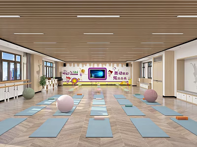 Spacious Yoga Fitness Studio Interior With Blue Mats And Exercise Balls 3d model