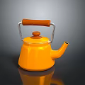 Orange Kettle With Wooden Handle And Metal Frame For Modern Kitchen Use