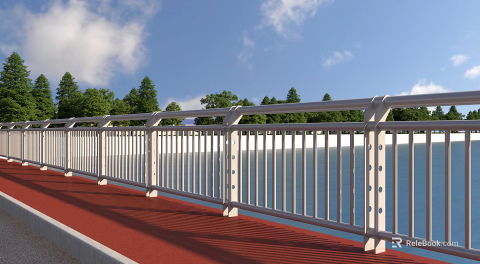 Safety Road Facilities With White Guardrail Red Walkway And Green Trees 3d model 
