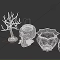 Decorative Ornament Set with Black Tree Branch Skull Candle Holder Yellow Pot Blue Green Vase