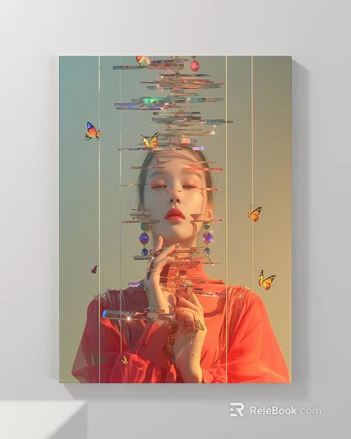 Vibrant Portrait of Woman in Orange with Hanging Glass Ornaments Butterflies and Beaded Earrings 3d model 
