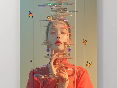 Vibrant Portrait of Woman in Orange with Hanging Glass Ornaments Butterflies and Beaded Earrings 3d model
