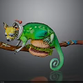 Green Chameleon With Small Red Accessory On Head Curled Tail On Wooden Branch Holding Hamburger