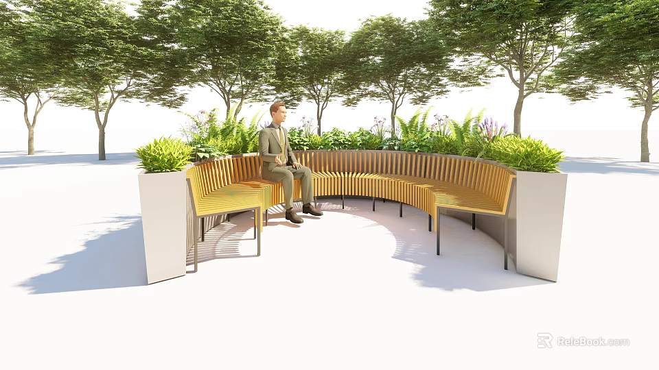 Outdoor Landscape Seating Curved Wooden Design With Person Sitting And Green Trees 3d model 