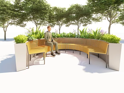 Outdoor Landscape Seating Curved Wooden Design With Person Sitting And Green Trees 3d model