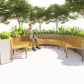 Outdoor Landscape Seating Curved Wooden Design With Person Sitting And Green Trees