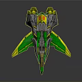 Cosmic Green And Yellow Spacecraft Showcasing Futuristic Aerodynamic Wing Design
